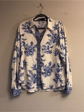 Zara White and Blue Linen Blend Floral Button-Down Shirt
